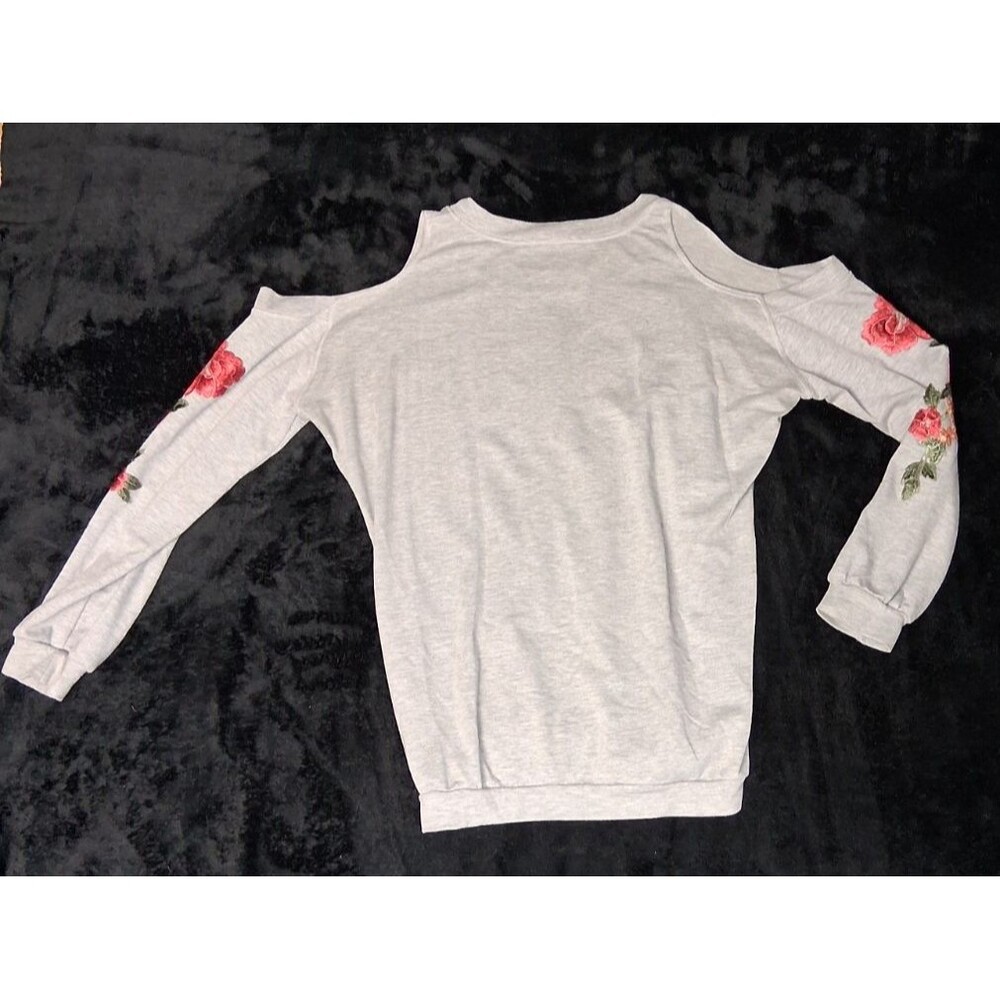 Hummingbird Cold Shoulder Embroidered Flowers Long Sleeve Sweater XS Gray Boho - Picture 10 of 10